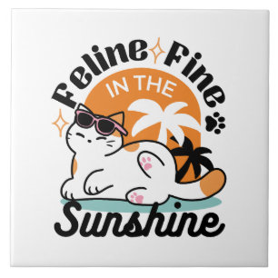 Azulejo De Cerâmica Feline Fine no Sol - Gato Tropical Relaxado