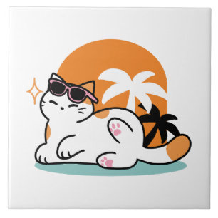 Azulejo De Cerâmica Feline Fine no Sol - Gato Tropical Relaxado