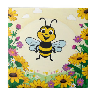 Azulejo De Cerâmica Feliz Abelha Em Flores Coloridas