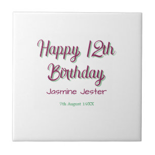 Azulejo De Cerâmica feliz aniversário de 12 anos verde rosa nome data 