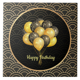 Azulejo De Cerâmica Feliz aniversário, elegante preto e ouro,