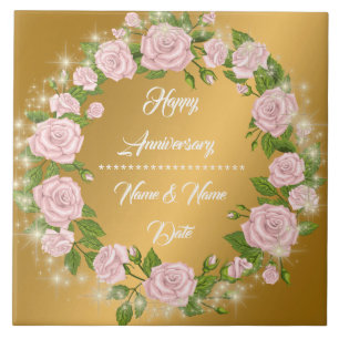 Azulejo De Cerâmica Feliz Aniversário Rosa Dourada Personalizada