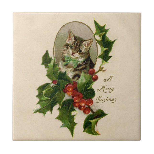 Azulejo De Cerâmica Feliz de Natal Holly Kitten Arte Antiquada (Frente)