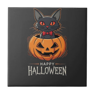 Azulejo De Cerâmica Feliz Dia das Bruxas Gato Preto Desenho de Abóbora