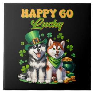 Azulejo De Cerâmica Feliz e Sortudo Husky Fofo Dia de São Patrício