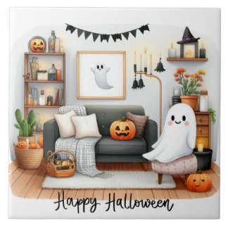 Azulejo De Cerâmica Feliz Fantasma Bonito de Halloween em Sua Casa