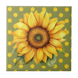 Azulejo De Cerâmica Feliz girassol amarelo e verde em Polka-Dot
