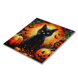 Azulejo De Cerâmica Feliz Halloween Black Cat Bats