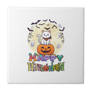 Azulejo De Cerâmica Feliz Halloween Gato Branco Abóbora Lua Morcegos F