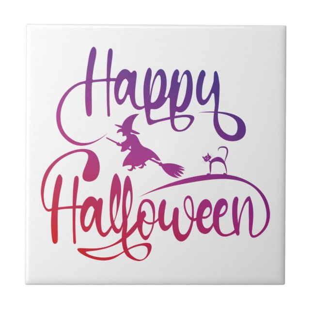 Azulejo De Cerâmica Feliz Halloween gradient voando feiticeiro (Frente)