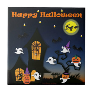 Azulejo De Cerâmica Feliz Halloween Huneen Casa Assombrada Ghosts Bats