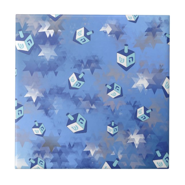 Azulejo De Cerâmica Feliz Hanukkah Estrela Cadente e Piões (Frente)