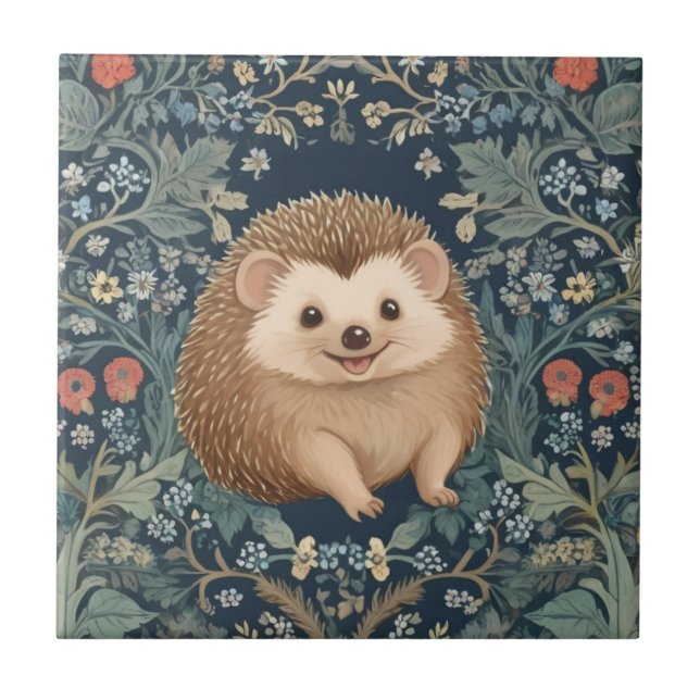 Azulejo De Cerâmica Feliz Hedgehog William Morris estilo Right Floral (Frente)