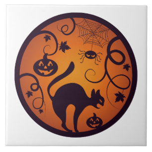Azulejo De Cerâmica Feliz lanterna do Halloween aranhas e morcegos neg