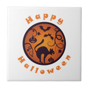 Azulejo De Cerâmica Feliz lanterna do Halloween aranhas e morcegos neg
