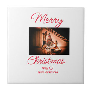 Azulejo De Cerâmica Feliz Natal adicione o nome da família foto vermel