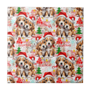Azulejo De Cerâmica Feliz Natal Chapéu do Papai Noel Cachorro Design -