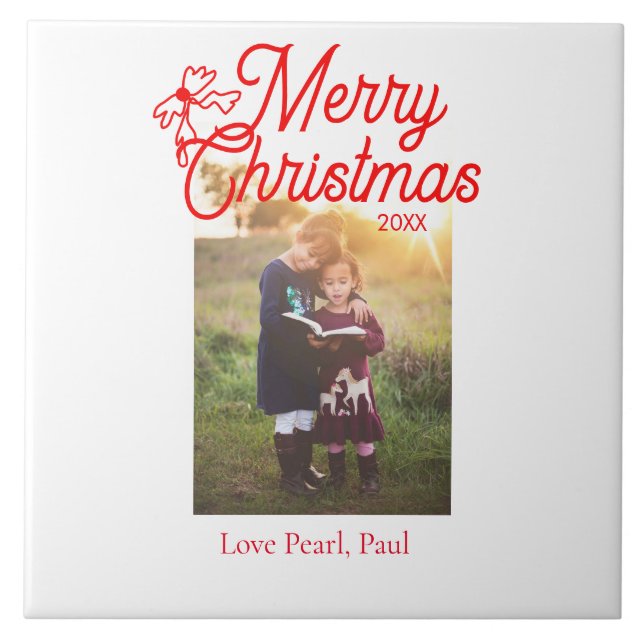 Azulejo De Cerâmica Feliz Natal crianças arcos vermelhas foto elegante (Frente)