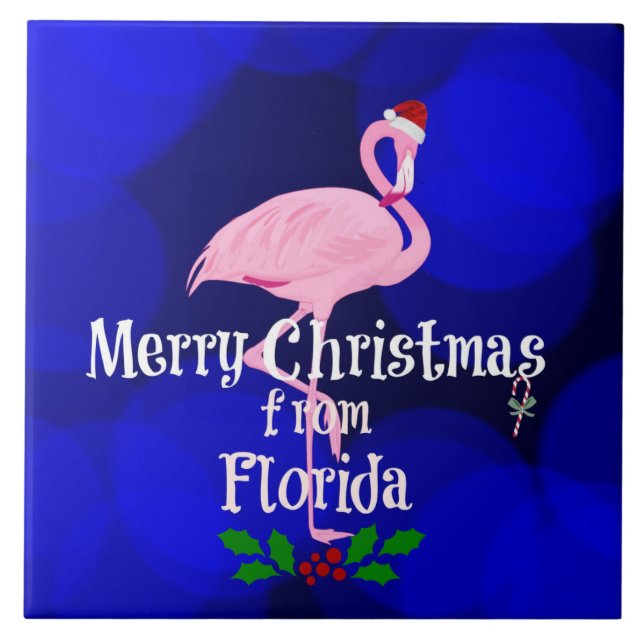 Azulejo De Cerâmica Feliz Natal da Flórida, Papais noeis Flamingo. (Frente)
