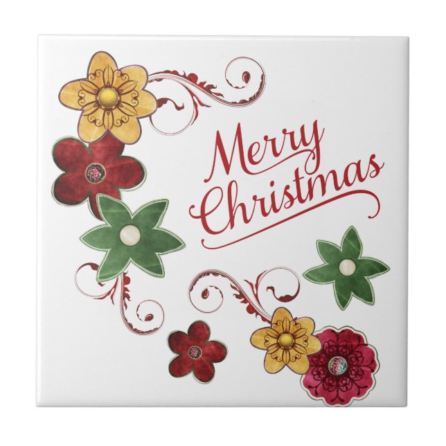 Azulejo De Cerâmica Feliz Natal Flor Swirl (Frente)