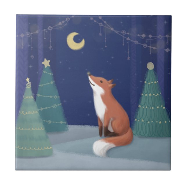 Azulejo De Cerâmica Feliz Natal: Fox Illustration Art (Frente)