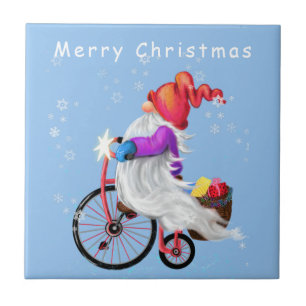 Azulejo De Cerâmica Feliz Natal - Gnomo Engraçado com Bicicleta e Pre