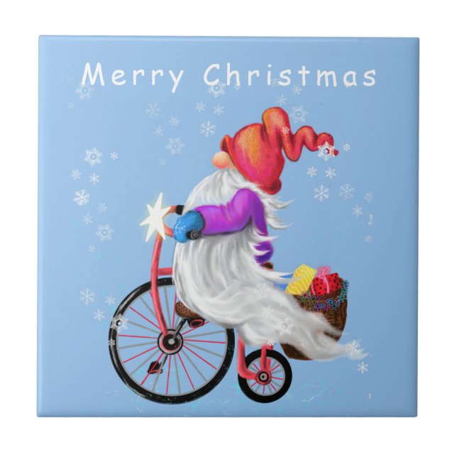 Azulejo De Cerâmica Feliz Natal - Gnomo Engraçado com Bicicleta e Pres (Frente)