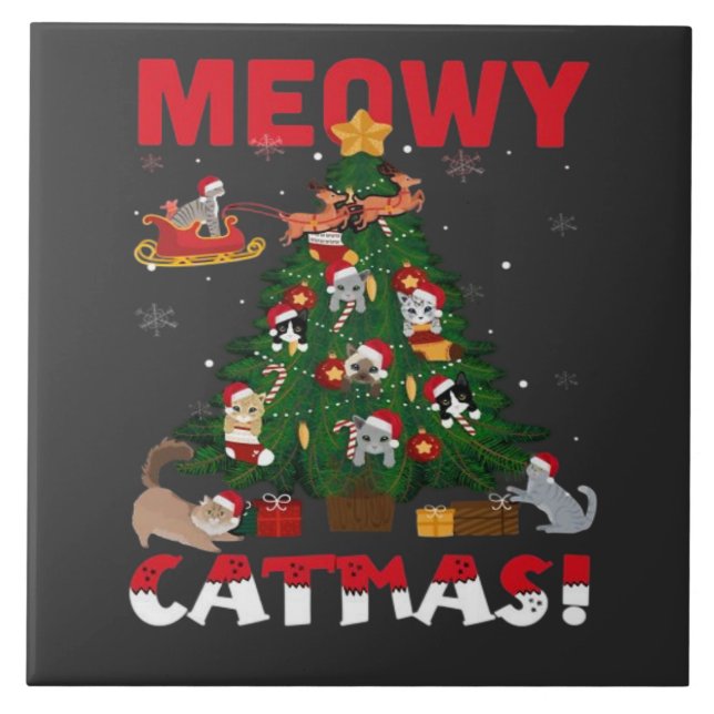 Azulejo De Cerâmica Feliz Natal Meowy (Frente)