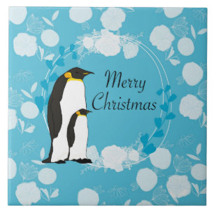 Azulejo De Cerâmica feliz natal, natal,pinguim,flores,azul,