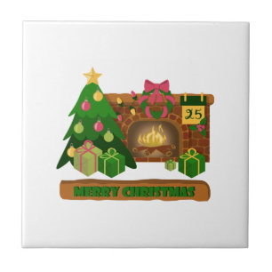 Azulejo De Cerâmica Feliz Natal perto da árvore de Natal de lareira bo