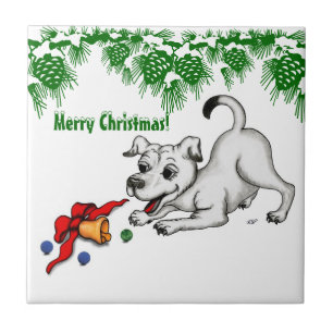 Azulejo De Cerâmica Feliz Natal! Puppy com Bell e Ball
