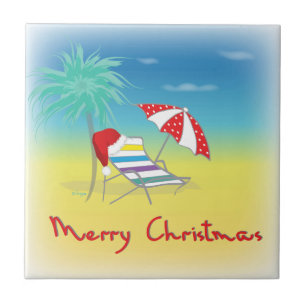 Azulejo De Cerâmica Feliz Natal, Santa Hat, Palm Tree, Praia