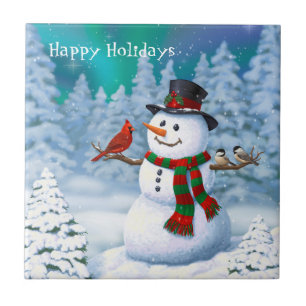 Azulejo De Cerâmica Feliz Natal Snowman e Birds Cena de Inverno