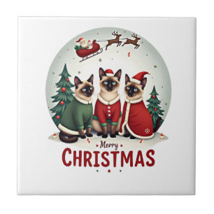Azulejo De Cerâmica Feliz Natal Três Santa Elfo Rena Siamês C