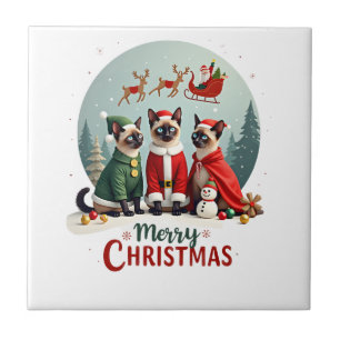 Azulejo De Cerâmica Feliz Natal Três Santa Elfo Rena Siamês C