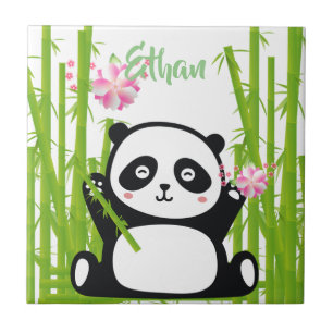 Azulejo De Cerâmica Feliz Panda com Bamboo e Flor de Cereja 