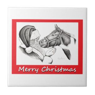 Azulejo De Cerâmica Feliz Papai noel de Natal e Cavalo