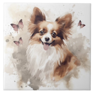 Azulejo De Cerâmica Feliz Papillon Dog Watercolor