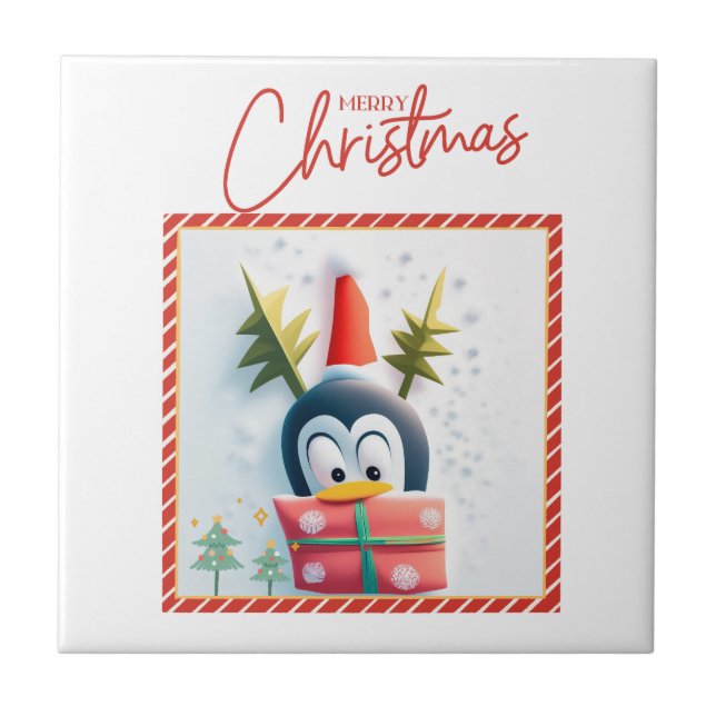 Azulejo De Cerâmica Feliz Pinguim de Natal (Frente)