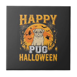 Azulejo De Cerâmica Feliz Pug Halloween Desenho de Cachorro Assustador