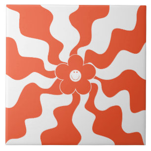 Azulejo De Cerâmica Feliz Retro Daisy em Laranja e Branco