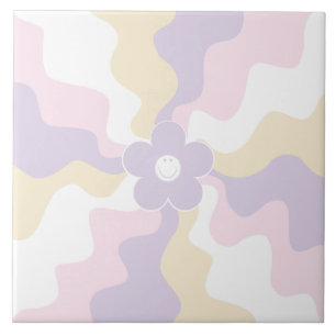Azulejo De Cerâmica Feliz Retro Daisy - Pink Pastel, Amarelo e Roxo