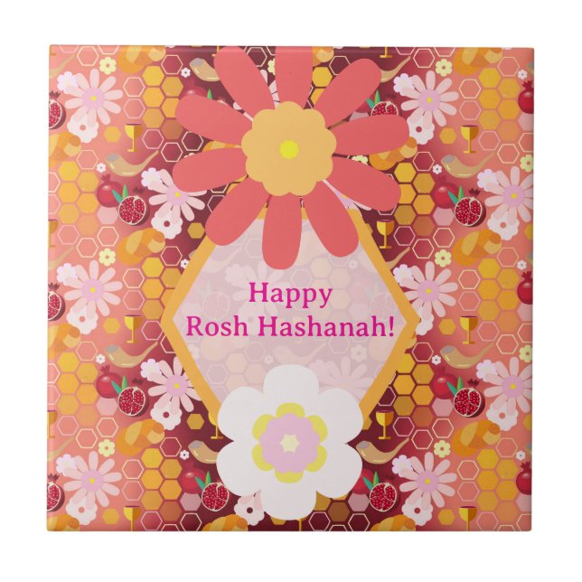 Azulejo De Cerâmica Feliz Rosh Hashanah Jewish Ano Novo Padrão Floral (Frente)