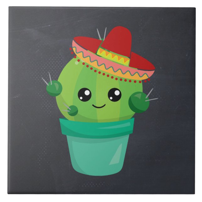 Azulejo De Cerâmica Feliz Round Cactus Vestindo um Sombrero Vermelho (Frente)