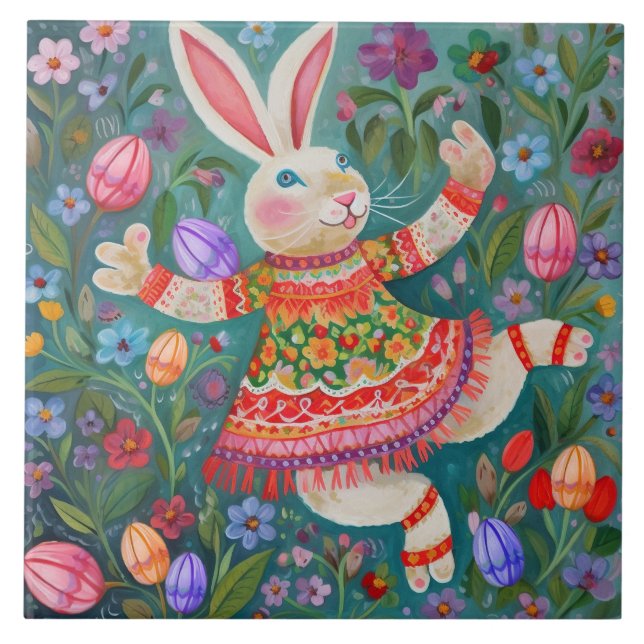 Azulejo De Cerâmica Felz pascoa Bunny Dance (Frente)