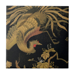 Azulejo De Cerâmica Fenix Dourada Japonesa Vintage Black Bird