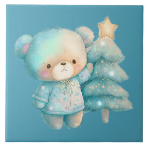 Azulejo De Cerâmica Feriado em Urso Bonito e Árvore de Natal