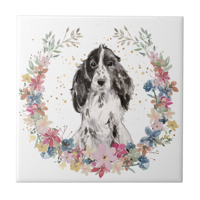 Azulejo De Cerâmica Ferida das Flores de Mola de Cocker Spaniel (Frente)