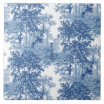 Azulejo De Cerâmica Ferramenta de Paisagem Azul Vintage com Urns e Col<br><div class="desc">O histórico design de madeira azul de cerca de 1900,  que inclui colunas antigas,  urnas e degraus de pedra rodeados por árvores num pomar de madeira sombreada.</div>