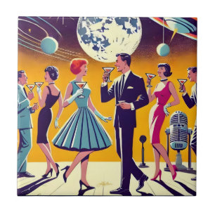 Azulejo De Cerâmica Festa de Coquetel da Era Espacial dos Anos 60 do S